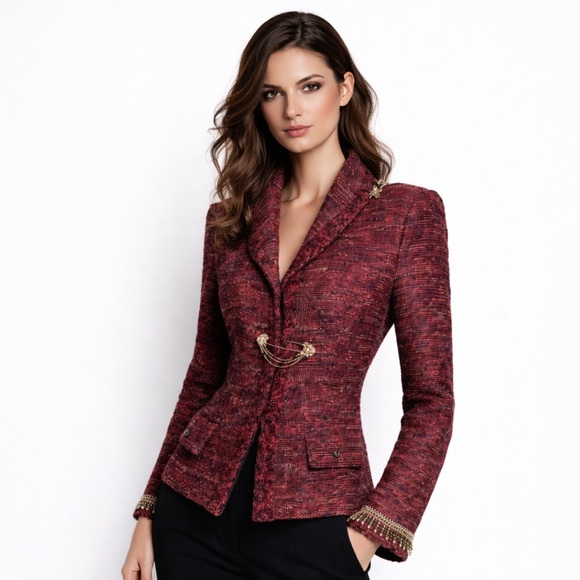 St. John Jackets & Blazers - ST. JOHN couture Tweed Jacket Rich Burgundy gold crystal chain beaded fringe